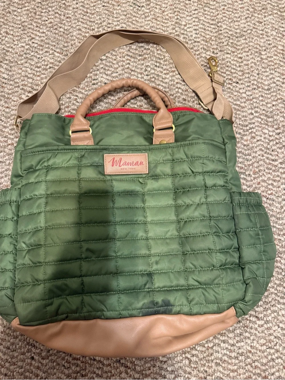 Green Quilted Diaper Bag with Tan Trim